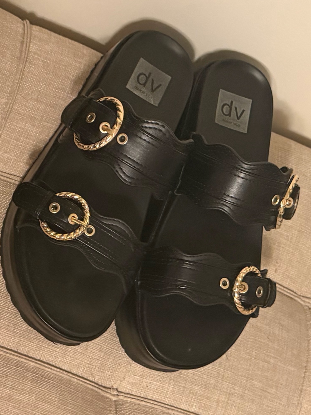 Women’s Dolce Vita  Black Double-Strap Slide Sandals with Gold Buckles